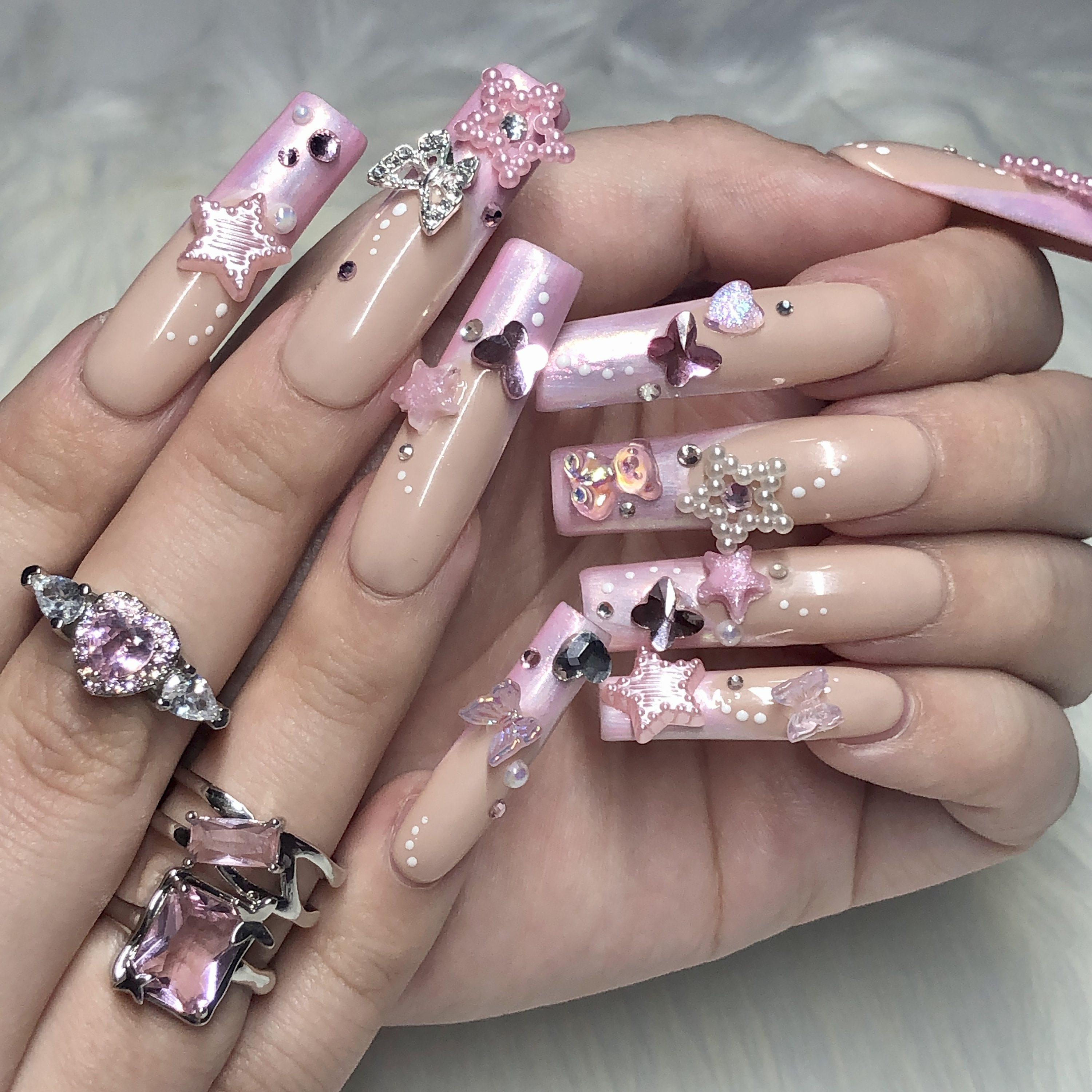 Wisp  Pink Stiletto Crystal Butterfly Nails