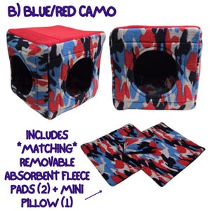Fleece Cozy Cube Hut / Cube House / Cubby with pillow and pads for Guinea Pigs and other Small Pets B) BLUE/RED CAMO