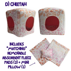 Fleece Cozy Cube Hut / Cube House / Cubby with pillow and pads for Guinea Pigs and other Small Pets D) CHEETAH