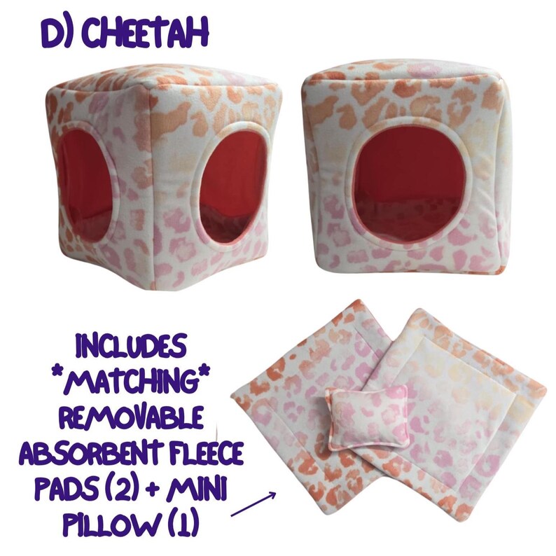 Fleece Cozy Cube Hut / Cube House / Cubby with pillow and pads for Guinea Pigs and other Small Pets D) CHEETAH