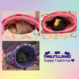 以下が含まれることがあります： 3つのペット用ベッドのコラージュ。それぞれに小さな動物が入っています。1つはピンクと白、もう1つはピンクと青、3つ目は紫と青です。「THREELITTLEJIGGIES Happy Customers」の文字も表示されています。