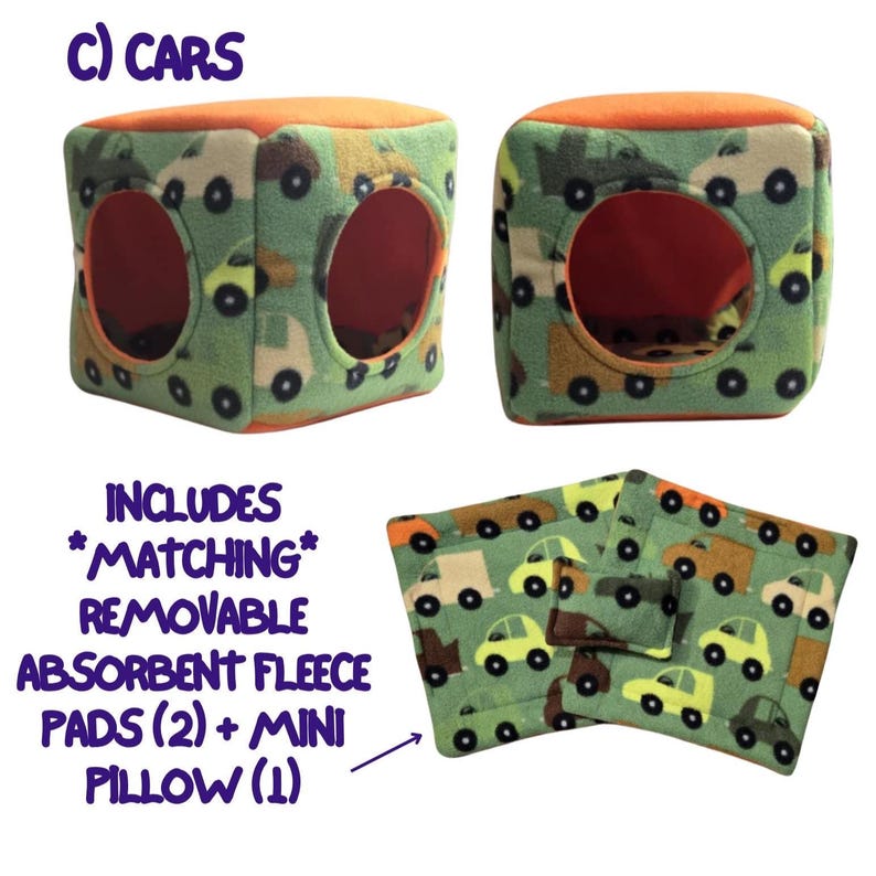 Fleece Cozy Cube Hut / Cube House / Cubby with pillow and pads for Guinea Pigs and other Small Pets C) CARS