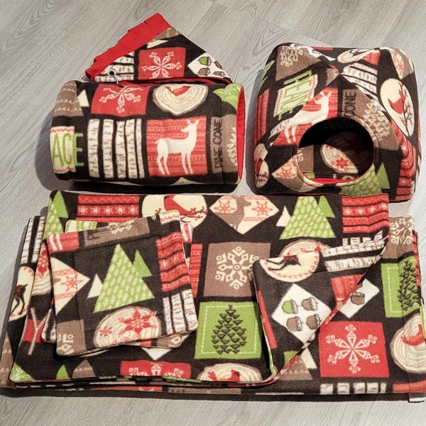 Guinea Pig Fleece Bedding Set, Midwest Fleece Liner and Accessories for Guinea Pigs! HOLIDAY/WINTER matching 8 piece set. Ready to ship!