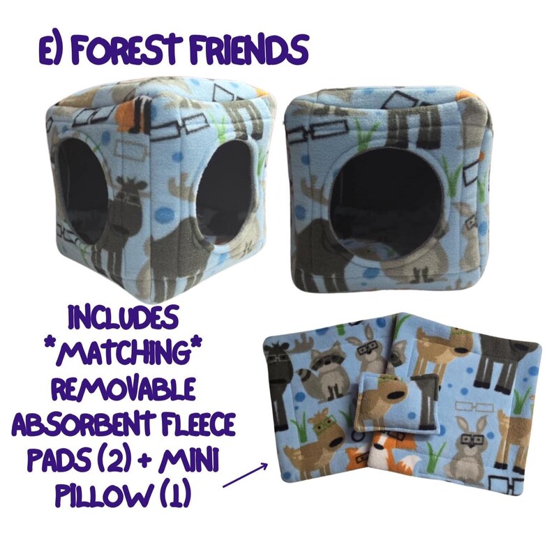 Fleece Cozy Cube Hut / Cube House / Cubby with pillow and pads for Guinea Pigs and other Small Pets E) FOREST FRIENDS