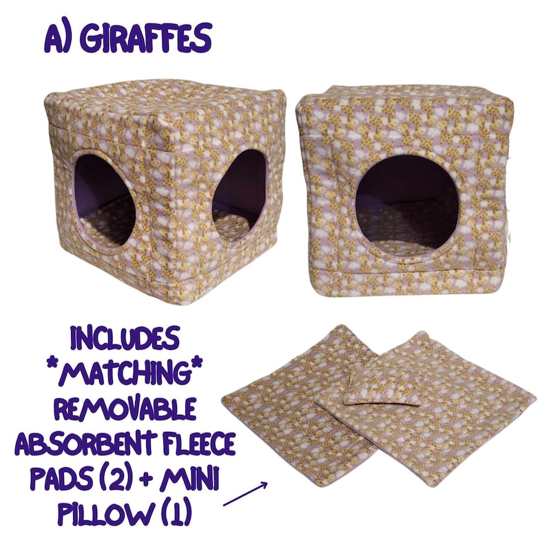 Fleece Cozy Cube Hut / Cube House / Cubby with pillow and pads for Guinea Pigs and other Small Pets A) GIRAFFES
