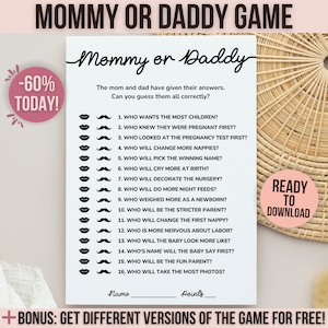Mama of papa spel, babyshower raad eens wie het zei spel, raad eens wie mama of papa, afdrukbare activiteitenkaart babyshower spelletjes, bewerkbare sjabloon