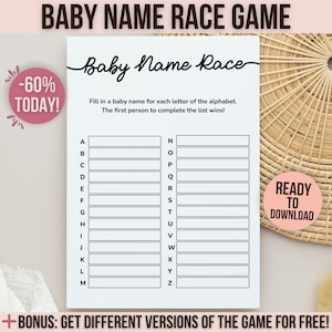 Baby Namen Rassenspiel, Baby Alphabet Spiel, ABC Baby Namensspiel, druckbare Babypartyspiele, Babyparty Aktivitätskarte, bearbeitbare Vorlage