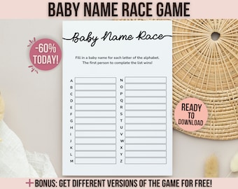 Baby Name Race Game, Baby Alphabet Game, ABC Baby Name Game,  Printable Baby Shower Games, Baby Shower Activity Card, Editable Template