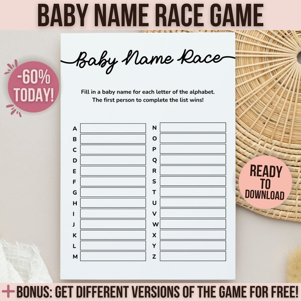 Baby Name Race Game, Baby Alphabet Game, ABC Baby Name Game,  Printable Baby Shower Games, Baby Shower Activity Card, Editable Template