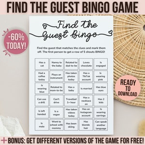 Vind de gast bingo babyshowerspel, vind de gast spel, activiteitenkaart babyshower, afdrukbare babyshowerspellen, bewerkbare sjabloon