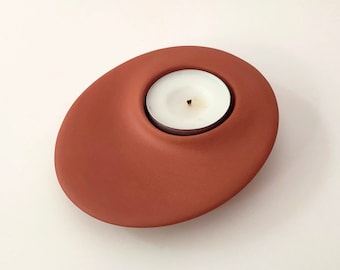 Red Stoneware Candle Holder, Ceramic Candle Holder, Modern Tealight Holder, Housewarming Candle