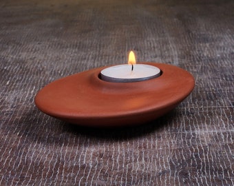 Red Stoneware Candle Holder, Ceramic Candle Holder, Modern Tealight Holder, Housewarming Candle