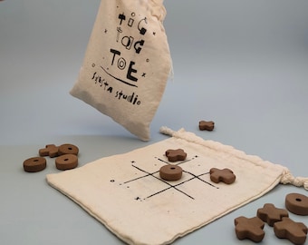 Tic Tac Toe Tabletop Game Set - Portable XOX game made by screen printing and ceramic, handcrafted.