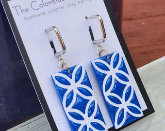 Blue and white tile look handmade polymer clay earrings