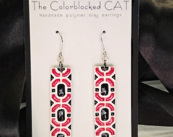Tile Pattern Dangle Earrings: Red, Black & White Polymer Clay Statement Jewelry