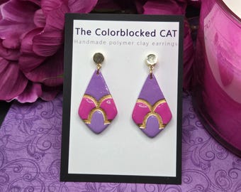 Genie-inspired purple, pink and gold polymer clay earrings