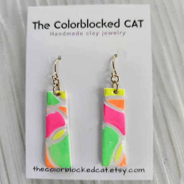 Colorful earrings - bright earrings- fluorescent earrings-  dangle earrings - polymer clay earrings - resin coated earrings