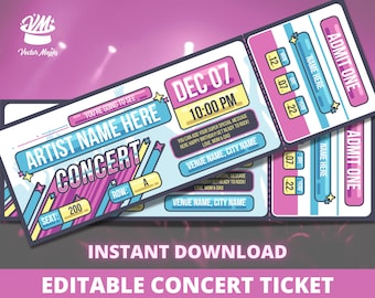 May include: Editable concert ticket template with a pink, blue and yellow colour scheme. The ticket says "Artist Name Here Concert" and "Dec 07 10:00 PM".