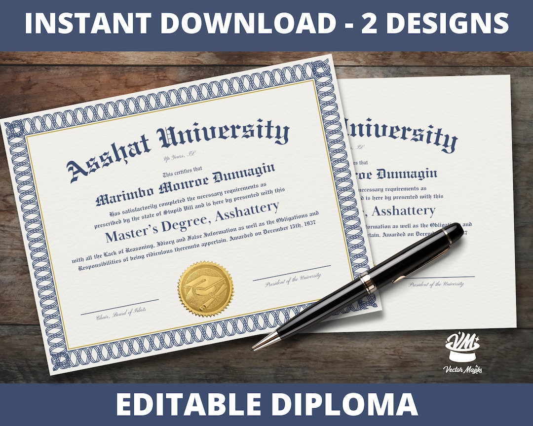 Asshat University Gag Gift Certificate, Funny Diploma, Prank Gifts