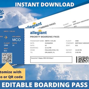 Editable Boarding Pass Ticket Template, Surprise Airline Gift, Fake Airplane Ticket, Printable Airline Ticket