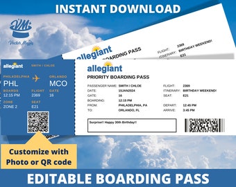 Bearbeitbare Bordkarte Ticketvorlage, Überraschungsfluggeschenk, Gefälschtes Flugticket, druckbares Flugticket
