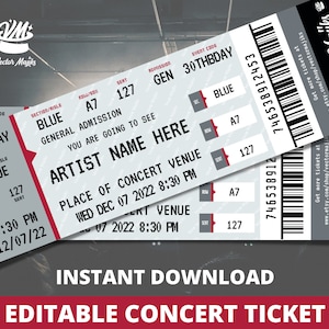 Certificat-cadeau de modèle de billet de concert - Billet d’événement personnalisé - Cadeau d’anniversaire surprise - Billet surprise