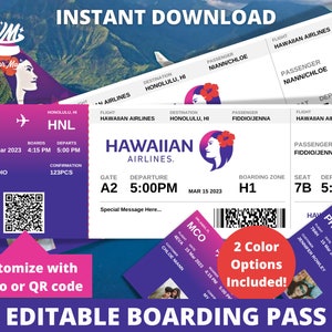 Modèle de billet modifiable Boarding Pass, cadeau surprise de la compagnie aérienne, Hawaï, faux billet d'avion, billet d'avion imprimable