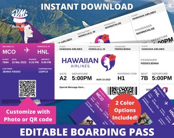 Editable Boarding Pass Ticket Template, Surprise Airline Gift, Hawaii, Fake Airplane Ticket,  Printable Airline Ticket