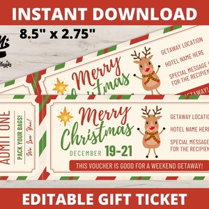 Modèle de bon de week-end escapade - Chèque-cadeau modifiable - Carte-cadeau de Noël imprimable