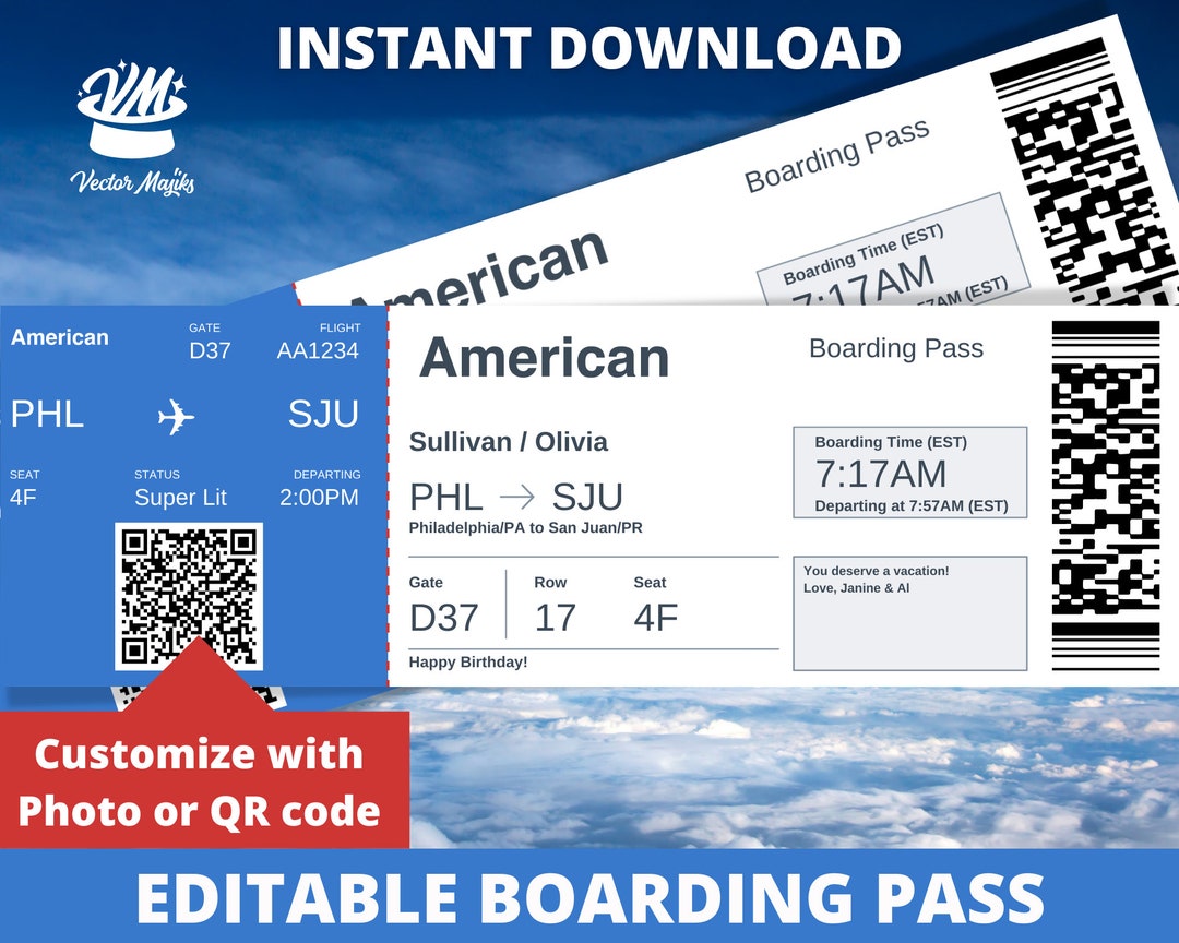 Editable Boarding Pass Ticket Template, Surprise Airline Gift