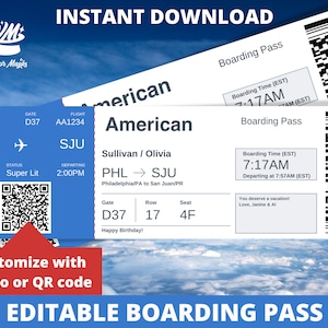 Modèle de billet de carte d’embarquement modifiable, cadeau aérien surprise, faux billet d’avion, billet d’avion imprimable