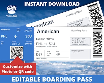 Editable Boarding Pass Ticket Template, Surprise Airline Gift