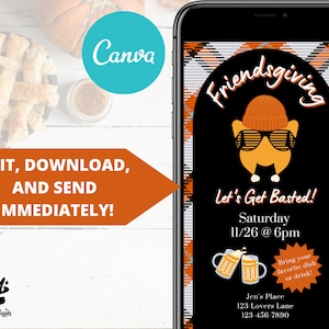 Puede incluir: Una invitación digital para una fiesta de Friendsgiving con un pavo de dibujos animados que lleva gafas de sol y un gorro. La invitación tiene un fondo a cuadros y el texto "Let's Get Basted!" con la fecha y la hora de la fiesta. El texto también dice "¡Trae tu plato favorito o bebida!" e incluye la ubicación y el número de teléfono.