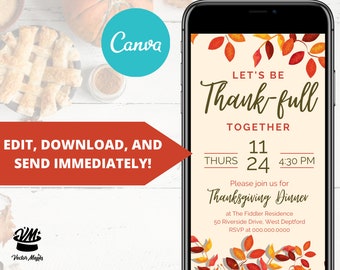 Thanksgiving Dinner Invitation, Thanksgiving Mobile Invitation Template, Friendsgiving Invite, Thankful Thanksgiving