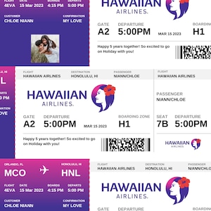 May include: A pink and purple boarding pass for Hawaiian Airlines. The flight is from Orlando, Florida to Honolulu, Hawaii. The flight number is 4EVA and the departure date is March 15, 2023. The gate is A2 and the departure time is 5:00 PM. The passenger's name is Chloe Niann and the confirmation number is My Love. The boarding zone is H1. The passenger's name is Niann/Chloe.