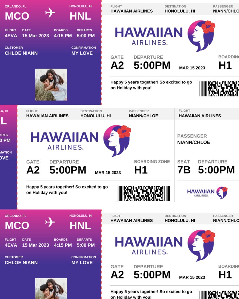 May include: A pink and purple boarding pass for Hawaiian Airlines. The flight is from Orlando, Florida to Honolulu, Hawaii. The flight number is 4EVA and the departure date is March 15, 2023. The gate is A2 and the departure time is 5:00 PM. The passenger's name is Chloe Niann and the confirmation number is My Love. The boarding zone is H1. The passenger's name is Niann/Chloe.