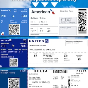 May include: Three airline boarding passes for flights from Philadelphia to San Juan. The American Airlines boarding pass is for Sullivan/Olivia, the United Airlines boarding pass is for Merino/Brandon, and the Delta Airlines boarding pass is for Merino/Brandon. All three boarding passes have a QR code and a Happy Birthday! message.