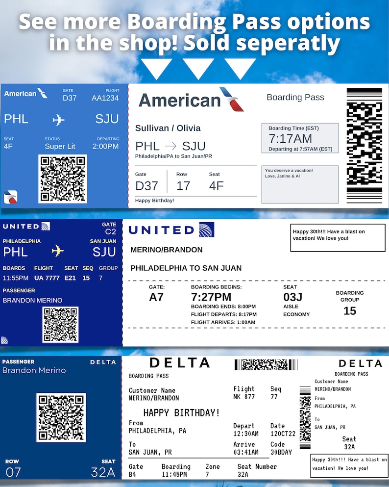 May include: Three airline boarding passes for flights from Philadelphia to San Juan. The American Airlines boarding pass is for Sullivan/Olivia, the United Airlines boarding pass is for Merino/Brandon, and the Delta Airlines boarding pass is for Merino/Brandon. All three boarding passes have a QR code and a Happy Birthday! message.