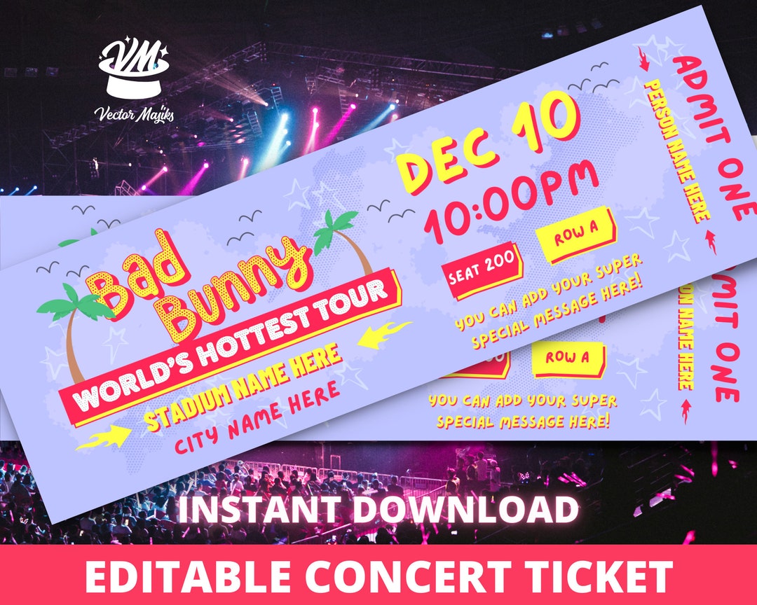Bad Bunny Concert Ticket Template Gift Certificate Worlds Hottest Tour Personalized Event Ticket