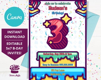 3rd Birthday Invitation, Colorful Birthday Cake Invitation, third Birthday Party Invitation