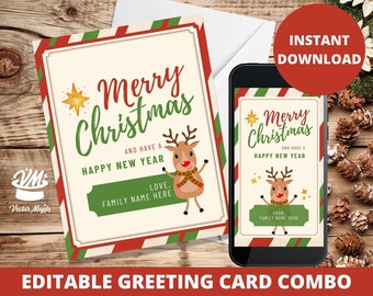 May include: Editable Christmas greeting card combo featuring a red-nosed reindeer with a green scarf. The card has a red and white striped border with green and white stripes. The text on the card reads "Merry Christmas and have a Happy New Year".