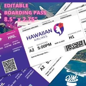 May include: Editable printable boarding pass template with a Hawaiian Airlines theme. The pass features a purple and blue color scheme with a Hawaiian flower design. The text on the pass includes "Hawaiian Airlines", "Honolulu, HI", "Gate A2", "Departure 5:00 PM", and "Boarding Zone H1".