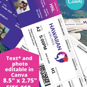 May include: A printable boarding pass template for a Hawaiian Airlines flight to Honolulu, Hawaii. The template features a purple and pink gradient background with a white airplane icon and the text "Hawaiian Airlines." The template is editable in Canva and fits a #10 envelope.