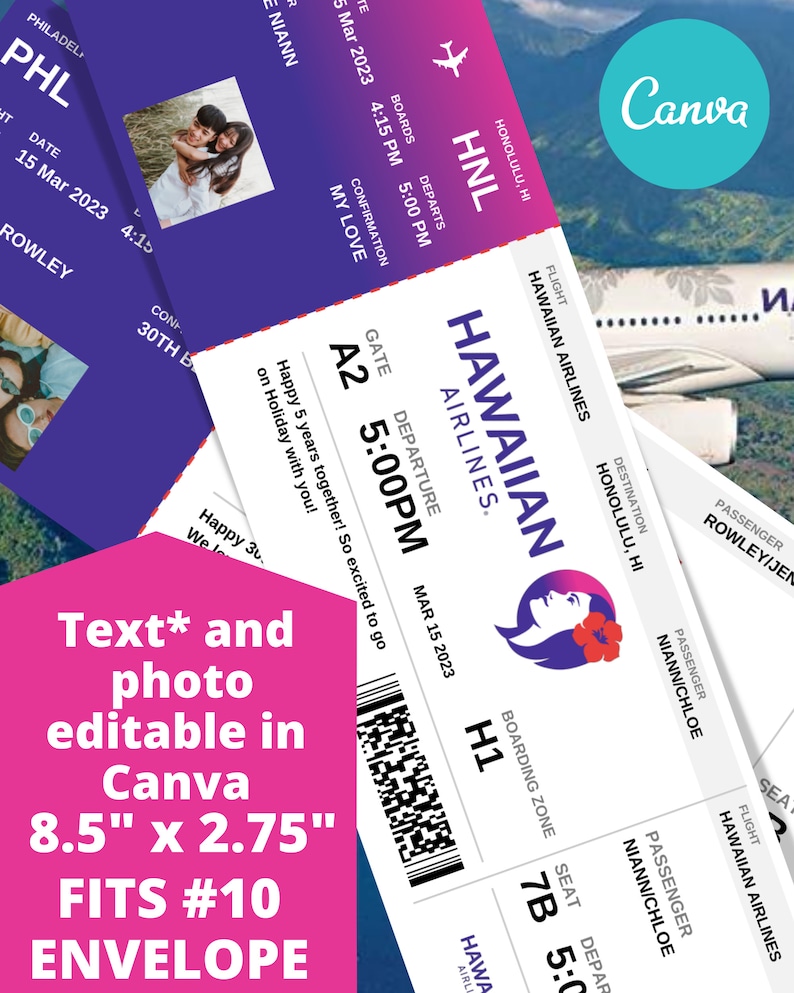 May include: A printable boarding pass template for a Hawaiian Airlines flight to Honolulu, Hawaii. The template features a purple and pink gradient background with a white airplane icon and the text "Hawaiian Airlines." The template is editable in Canva and fits a #10 envelope.