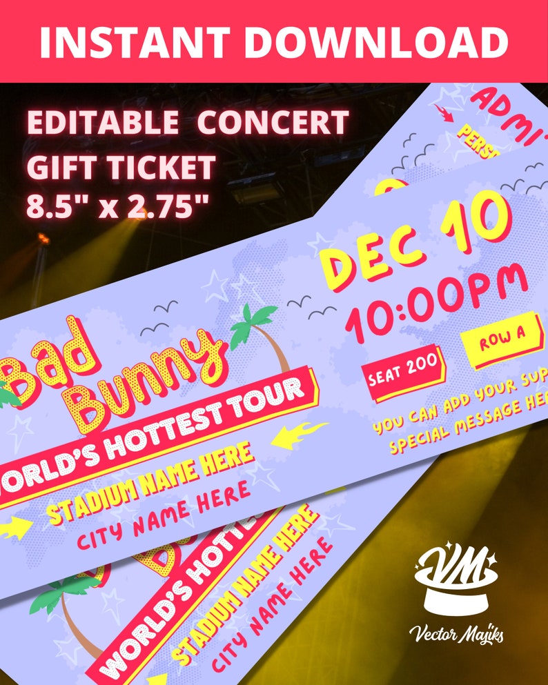 Bad Bunny Concert Ticket Template Gift Certificate Worlds Etsy España