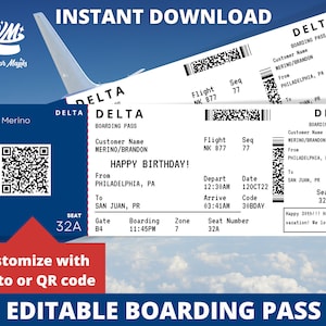 Modèle de billet de carte d’embarquement modifiable, cadeau aérien surprise, faux billet d’avion, billet d’avion imprimable