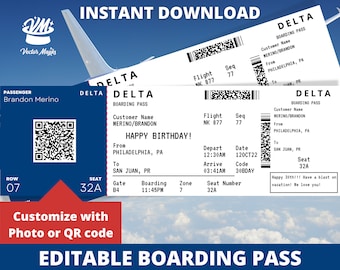 Bearbeitbare Bordkarte Ticketvorlage, Überraschungsfluggeschenk, Gefälschtes Flugticket, druckbares Flugticket