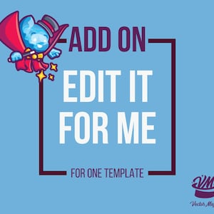 Peut inclure: Illustration d'une souris bleue de dessin animé portant un chapeau et une cape de magicien, tenant une baguette avec des étoiles. Le texte dit "ADD ON EDIT IT FOR ME FOR ONE TEMPLATE" sur fond bleu clair.