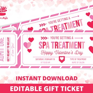 Modèle de billet surprise pour le traitement au spa de la Saint-Valentin - Chèque-cadeau de la Saint-Valentin - Imprimable modifiable
