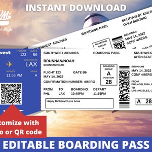 Modèle de billet modifiable carte d'embarquement, cadeau surprise de la compagnie aérienne, faux billet d'avion, billet d'avion imprimable